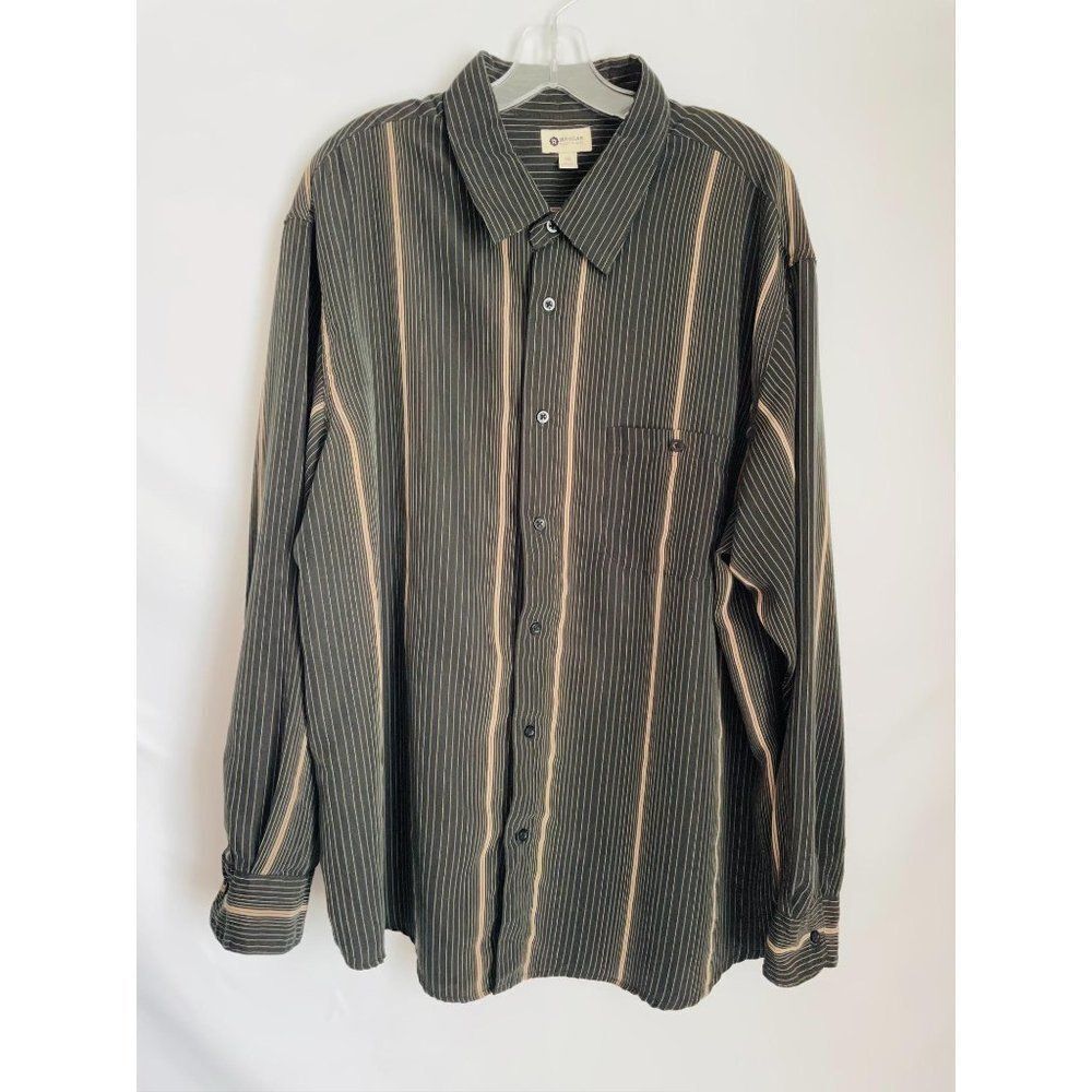 🟢Haggar Button Up Mens Black Tan Stripes Size XXL